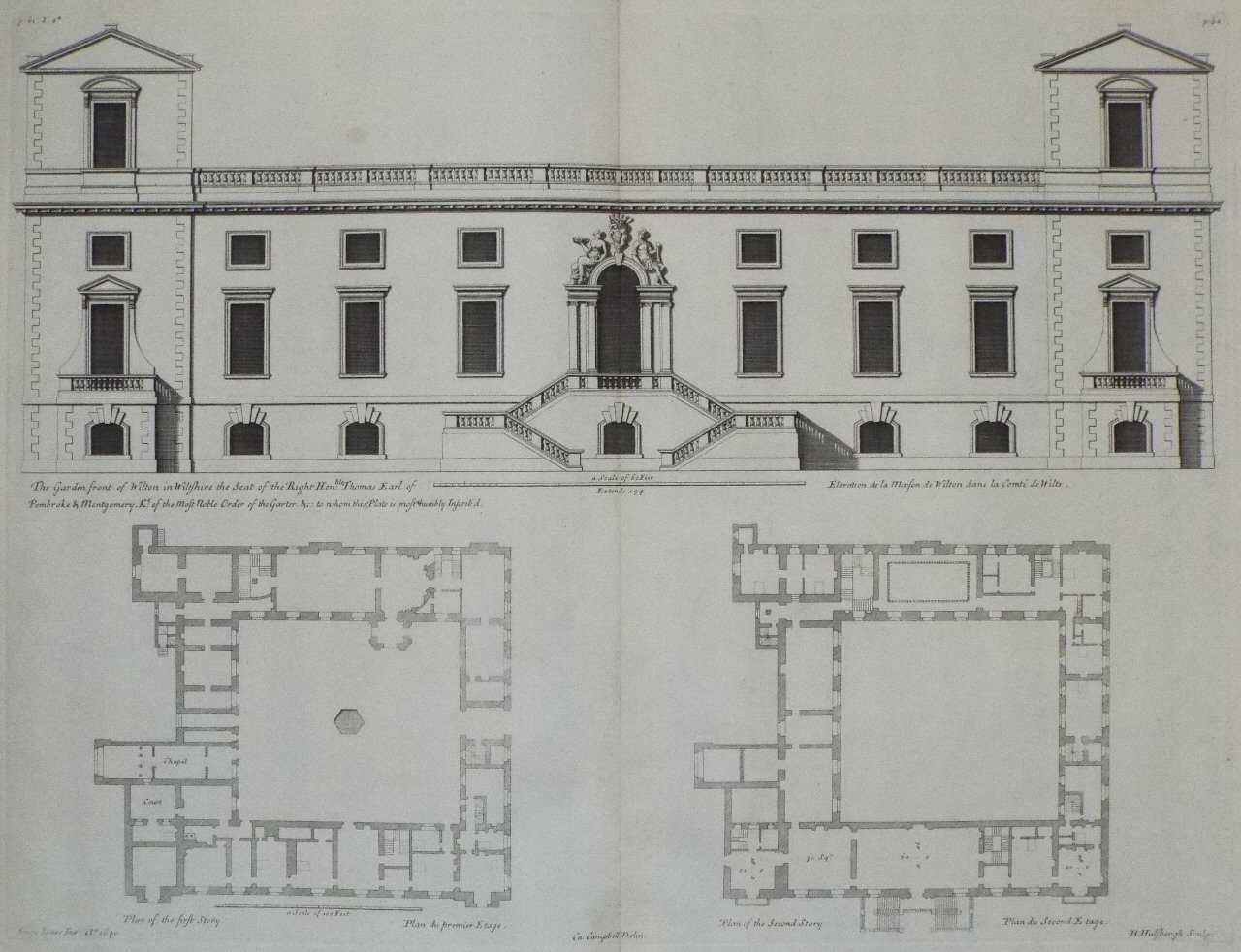 Print - The Garden Front of Wilton in Wiltshire the Seat of the Right Honble. Thomas Earl of Pembroke, Kt. of the Most Noble Order of the Garter &c to whom this plate is most humbley Inscrib'd - Hulsbergh